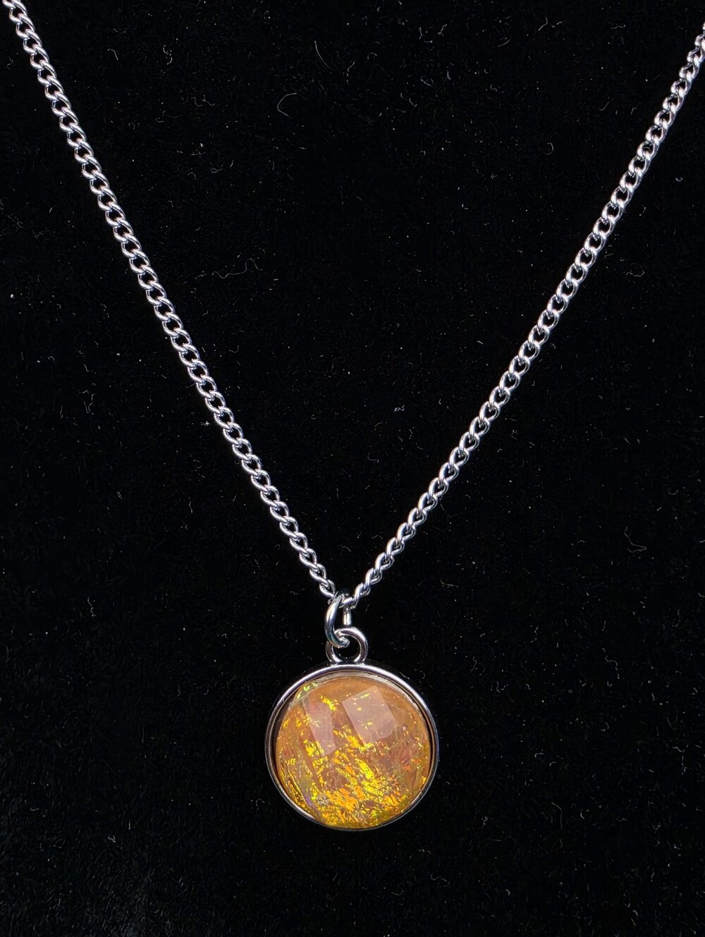 Stainless Steel Chain Necklace with Faceted Faux Fire Opal Pendant - Picture 2 of 4